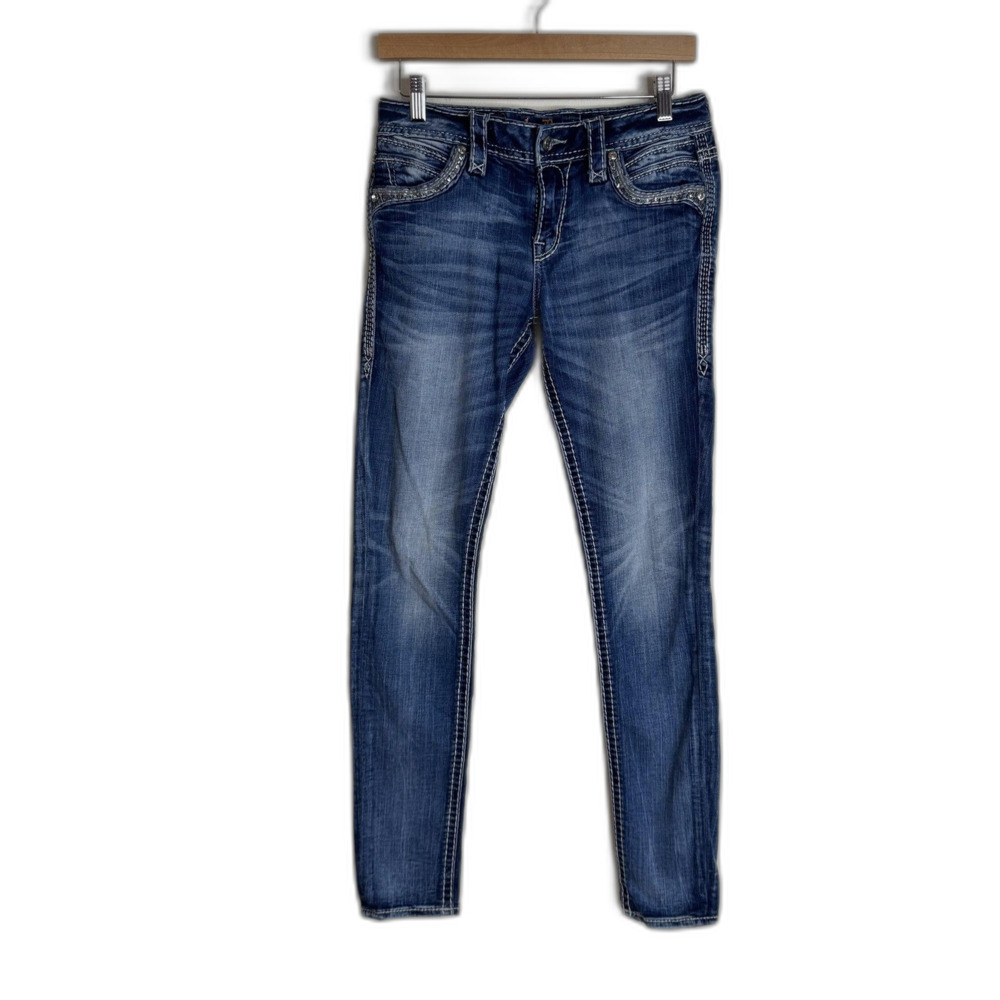 Rock Revival Jeans Womens 27 Blue Mid Rise Skinny Priscilla Rhinestone Denim‎